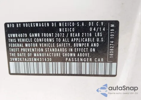 2014 Volkswagen Jetta 2.0L S z USA, uszkodzony, nr VIN 3VW2K7AJXEM431630